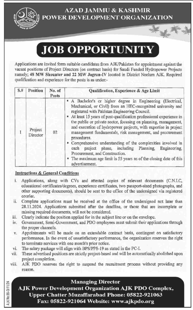 Project Director Job AJK Power Development Organization