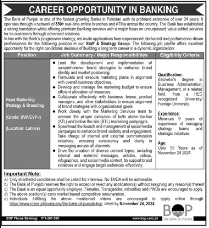 Bank of Punjab BOP Head of Marketing Jobs Lahore