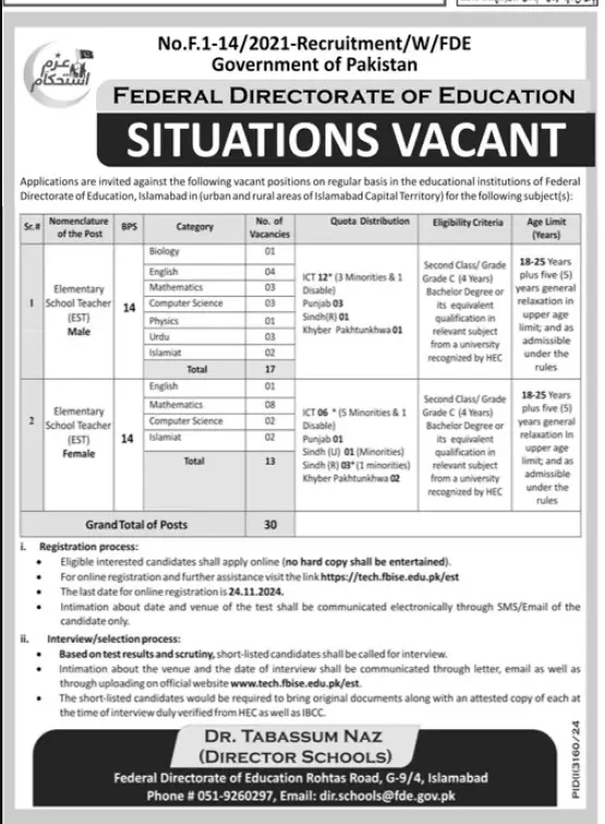 FDE Elementary School Teacher Jobs Islamabad