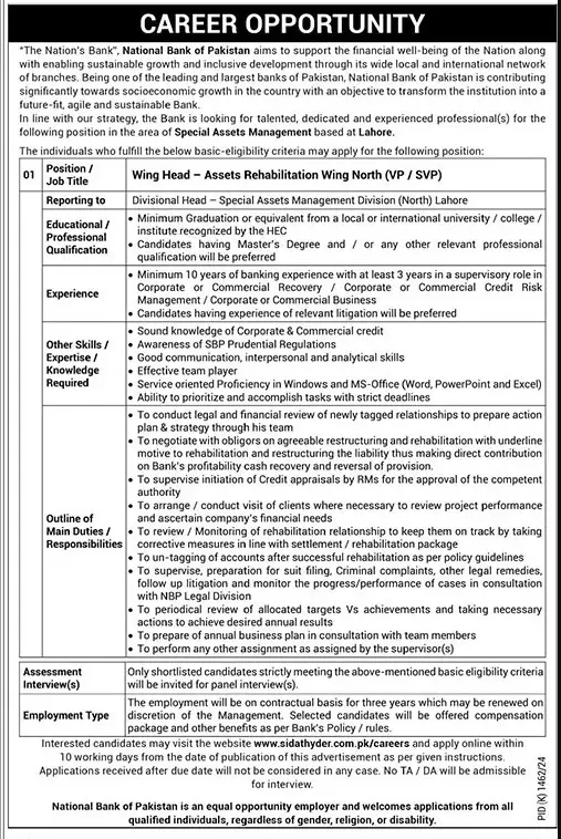 Wing Head NBP Lahore Job