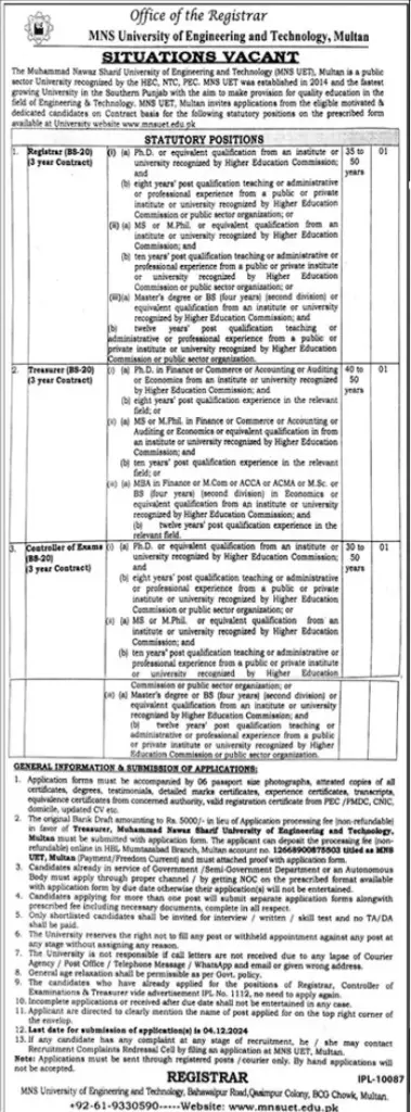 MNS University Job Opportunities Multan