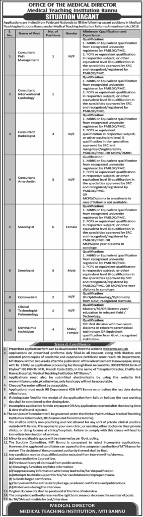 Medical Positions Available at MTI Bannu