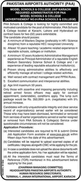 Administrator Position at Pakistan Airports Authority (PAA) Model Schools & Colleges