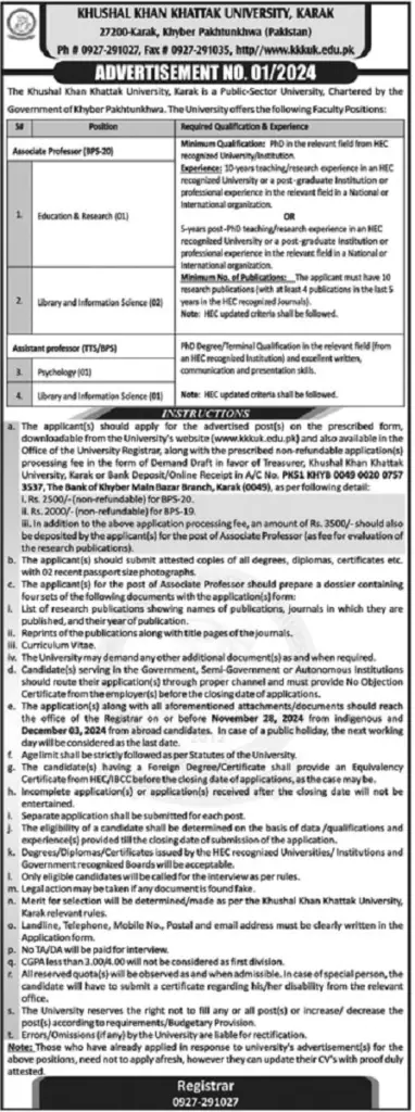 Faculty Positions Available at Khushal Khan Khattak University