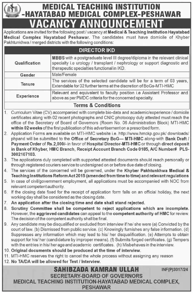 Director Positions at Hayatabad Medical Complex