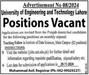 UET Lahore Teaching Fellow Jobs 2024