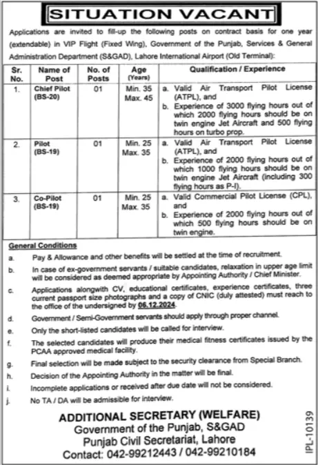 Pilot Jobs Lahore, Services & General Administration Department