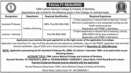 Instructor Lecturer Assistant Professor Jobs CMH Lahore