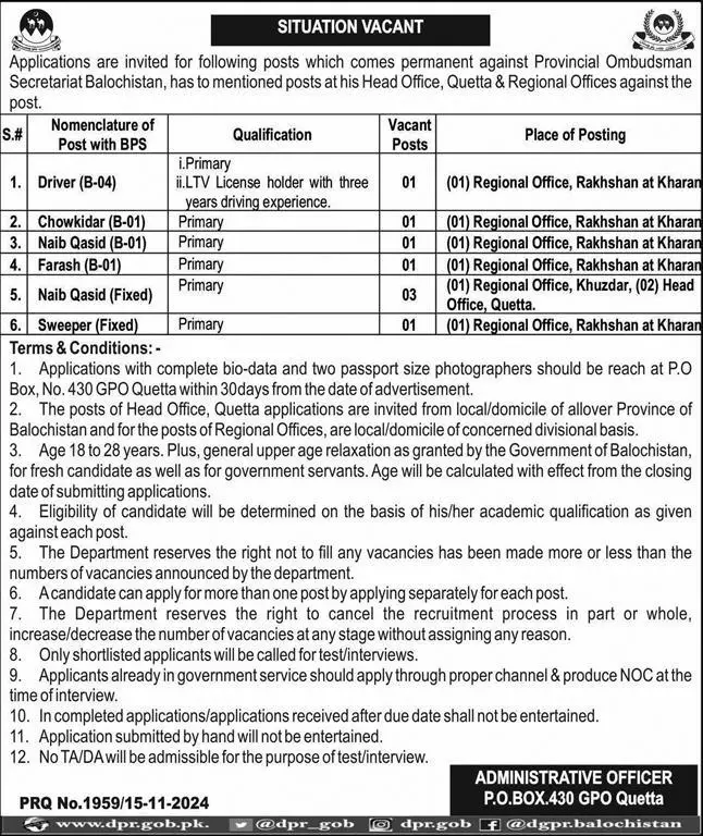 Latest Provincial Ombudsman Secretariat Human Resource Posts