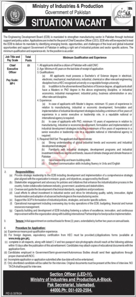 Chief Executive Officer Job Ministry of Industries and Production Islamabad