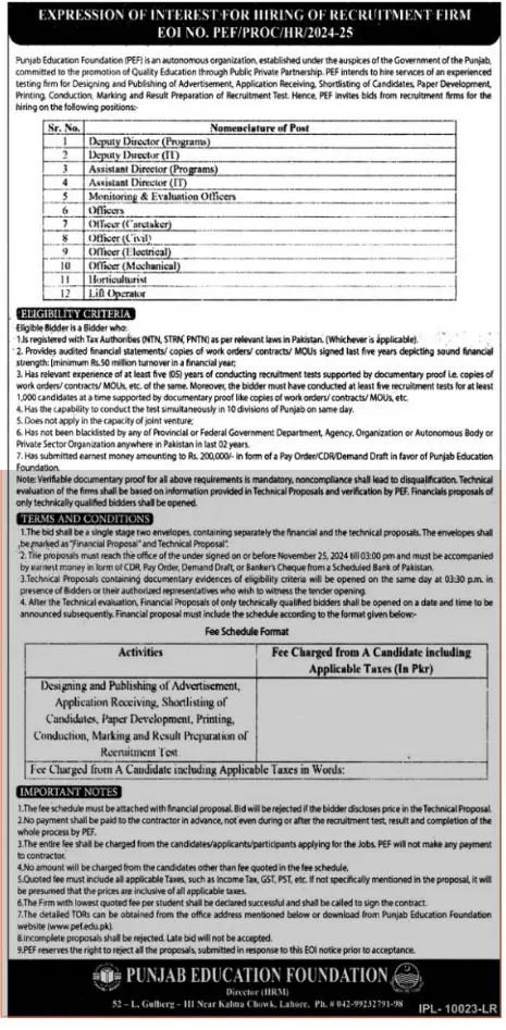 Punjab Education Foundation Jobs Lahore